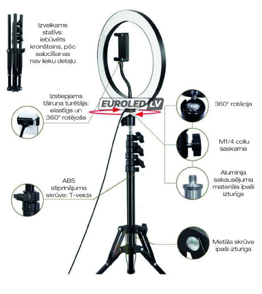 LED-rõngaslamp, Ø 30 cm, 200 cm hind ja info | Fotovalgustuse seadmed | kaup24.ee