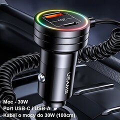 USAMS Ład. sam. 2xUSB-C 1xUSB-A C33 60W with spring cable Fast Charge czarny|black CC167CC01 (US-CC167) цена и информация | Зарядные устройства для телефонов | kaup24.ee