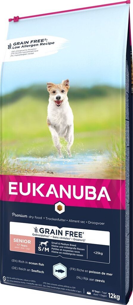 Kuivtoit väikestest ja keskmistest tõugudest koertele Eukanuba Senior kalaga, 12 kg цена и информация | Kuivtoit koertele | kaup24.ee