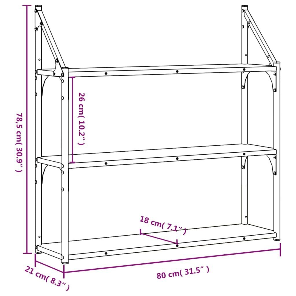 vidaXL 3-korruseline seinariiul, must, 80 x 21 x 78,5 cm, tehispuit hind ja info | Riiulid | kaup24.ee