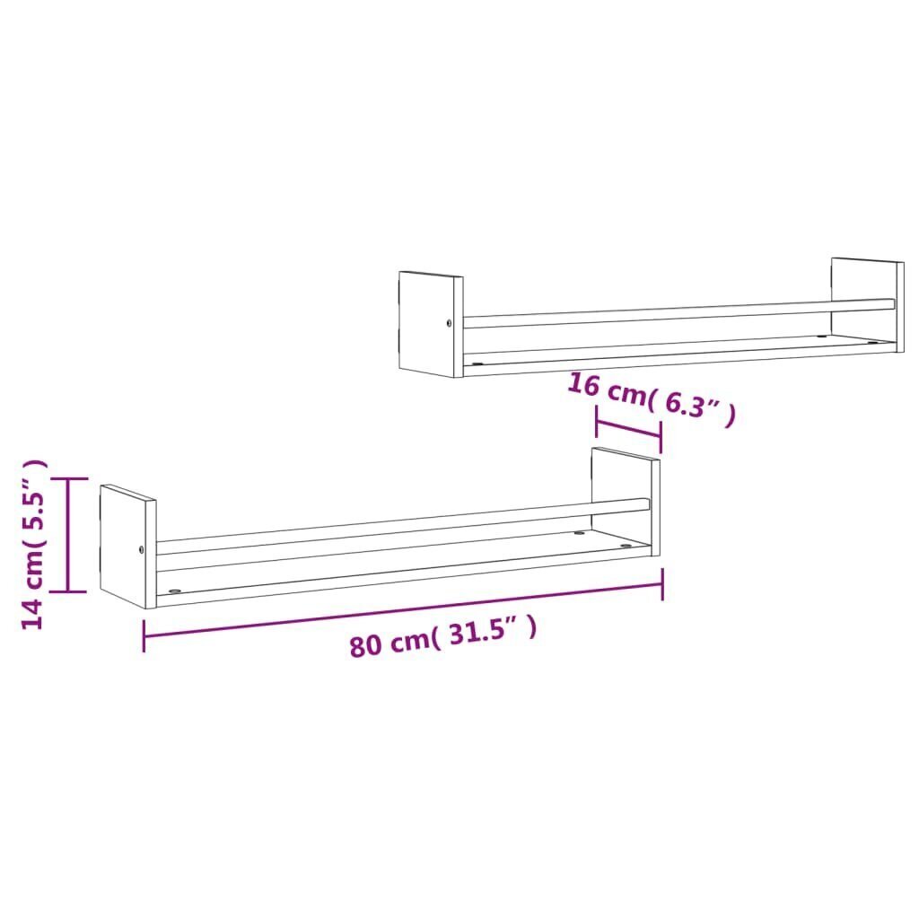 vidaXL lattidega seinariiulid 2 tk, hall Sonoma tamm, 80 x 16 x 14 cm цена и информация | Riiulid | kaup24.ee