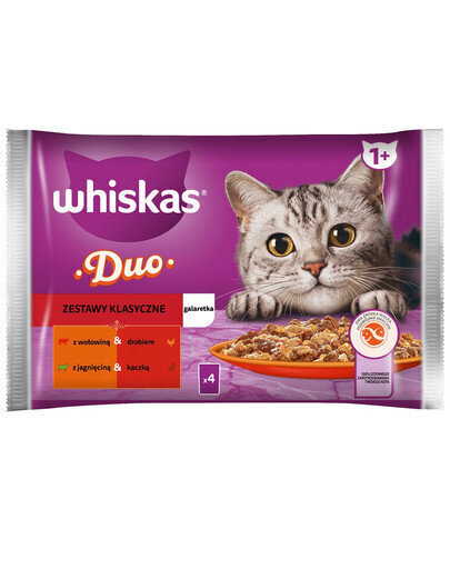 Whiskas täiskasvanud kassidele, veise-, linnu- ja lambalihaga, pardiga, 4x85 g hind ja info | Konservid kassidele | kaup24.ee