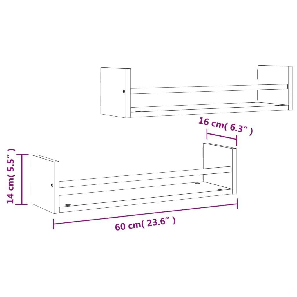 vidaXL lattidega seinariiulid 2 tk, suitsutatud tamm, 60 x 16 x 14 cm цена и информация | Riiulid | kaup24.ee