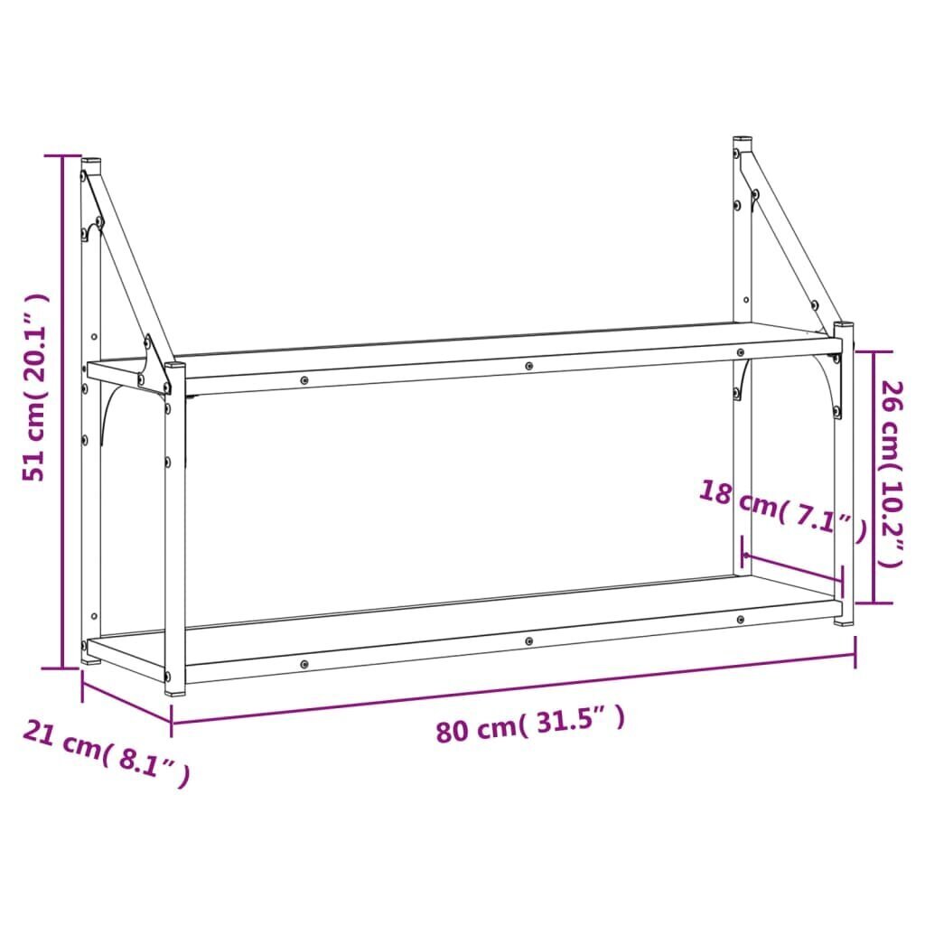 vidaXL 2-korruseline seinariiul, pruun tamm, 80x21x51 cm, tehispuit цена и информация | Riiulid | kaup24.ee