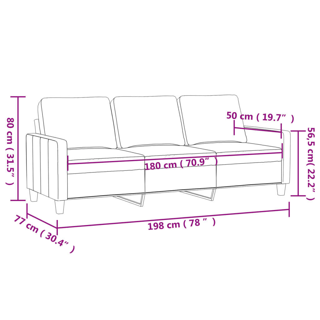 vidaXL kolmekohaline diivan, must, 180 cm, kunstnahk цена и информация | Diivanid ja diivanvoodid | kaup24.ee