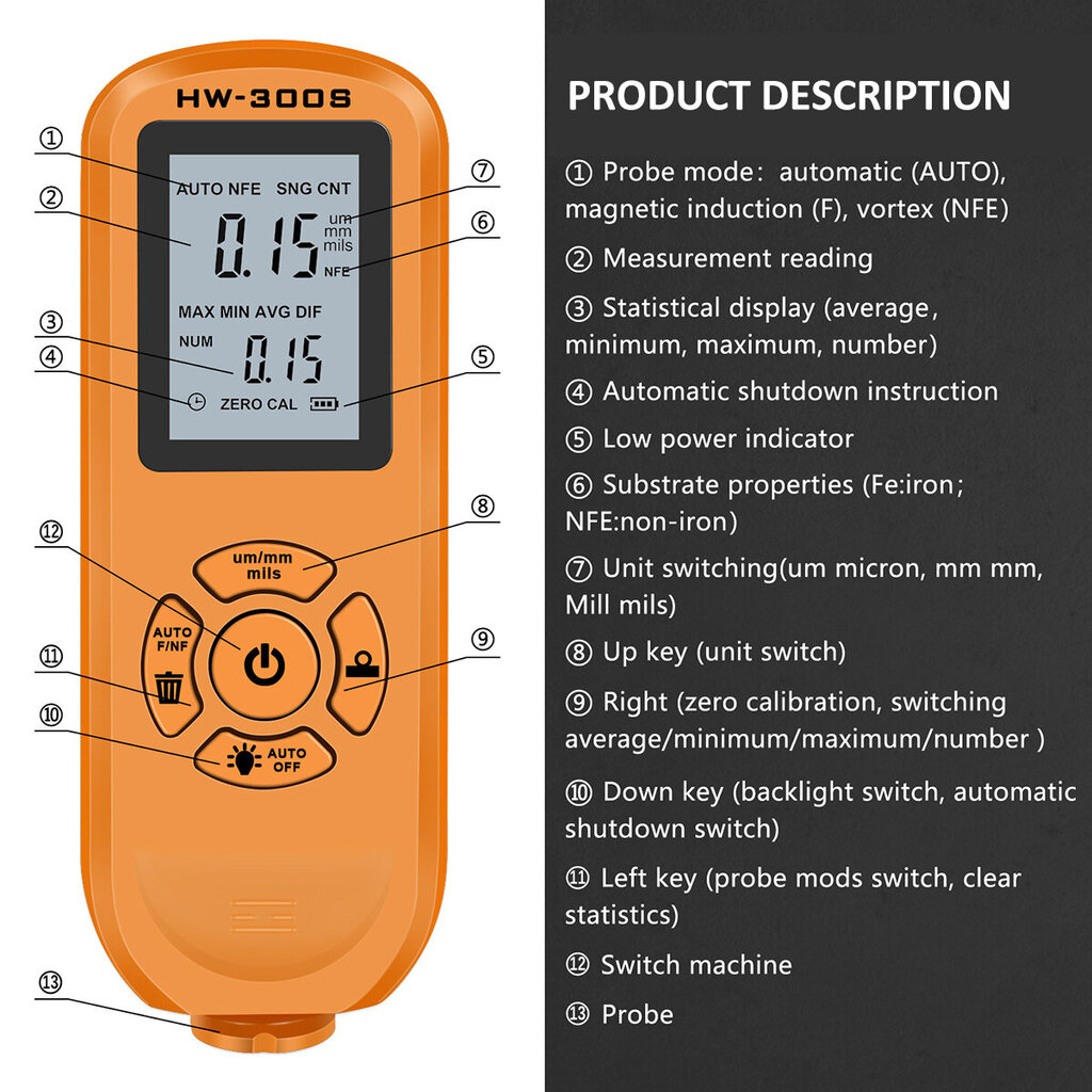 Digitaalne värvikatte paksuse mõõtja 0,01mm/1mil Livman HW300SPRO цена и информация | Lisaseadmed | kaup24.ee