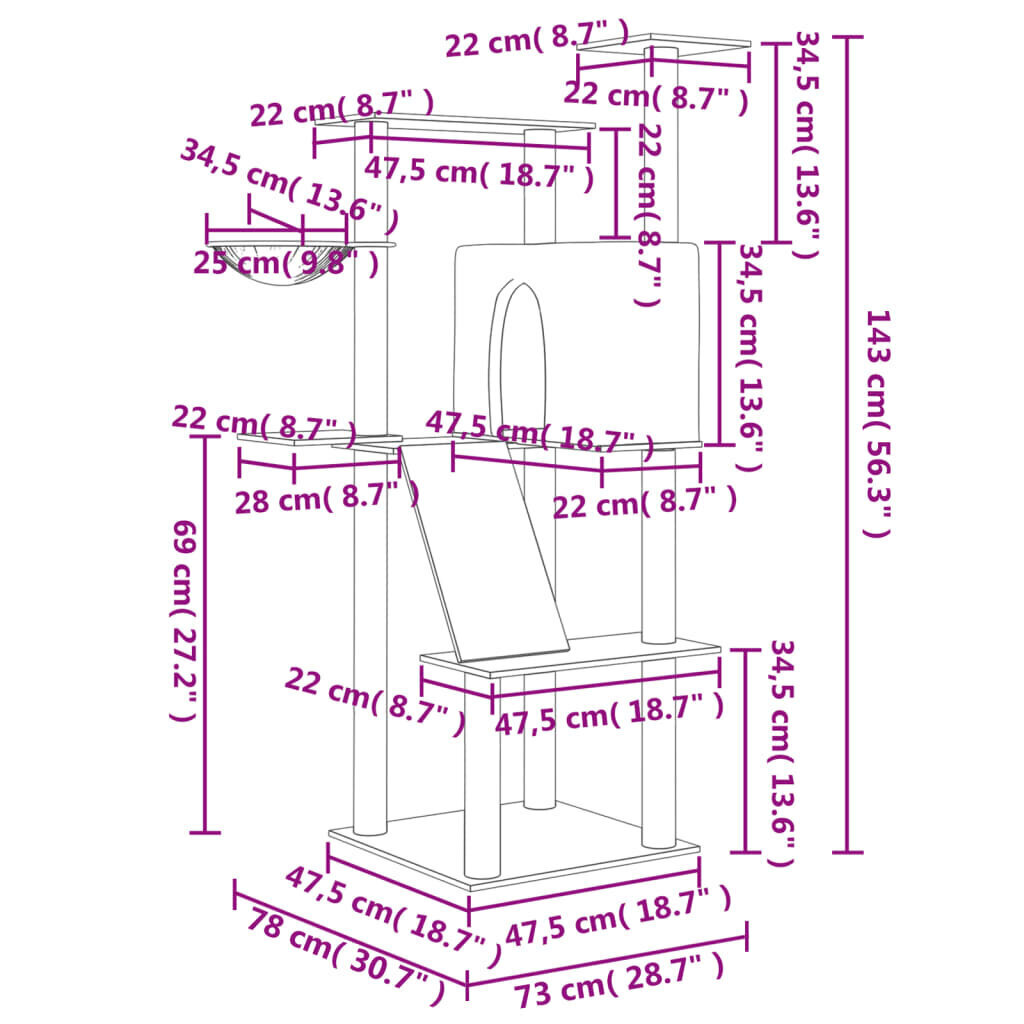 vidaXL kraapimispuu sisalköitega kraapimispostidega, helehall, 143 cm hind ja info | Kassi ronimispuud | kaup24.ee
