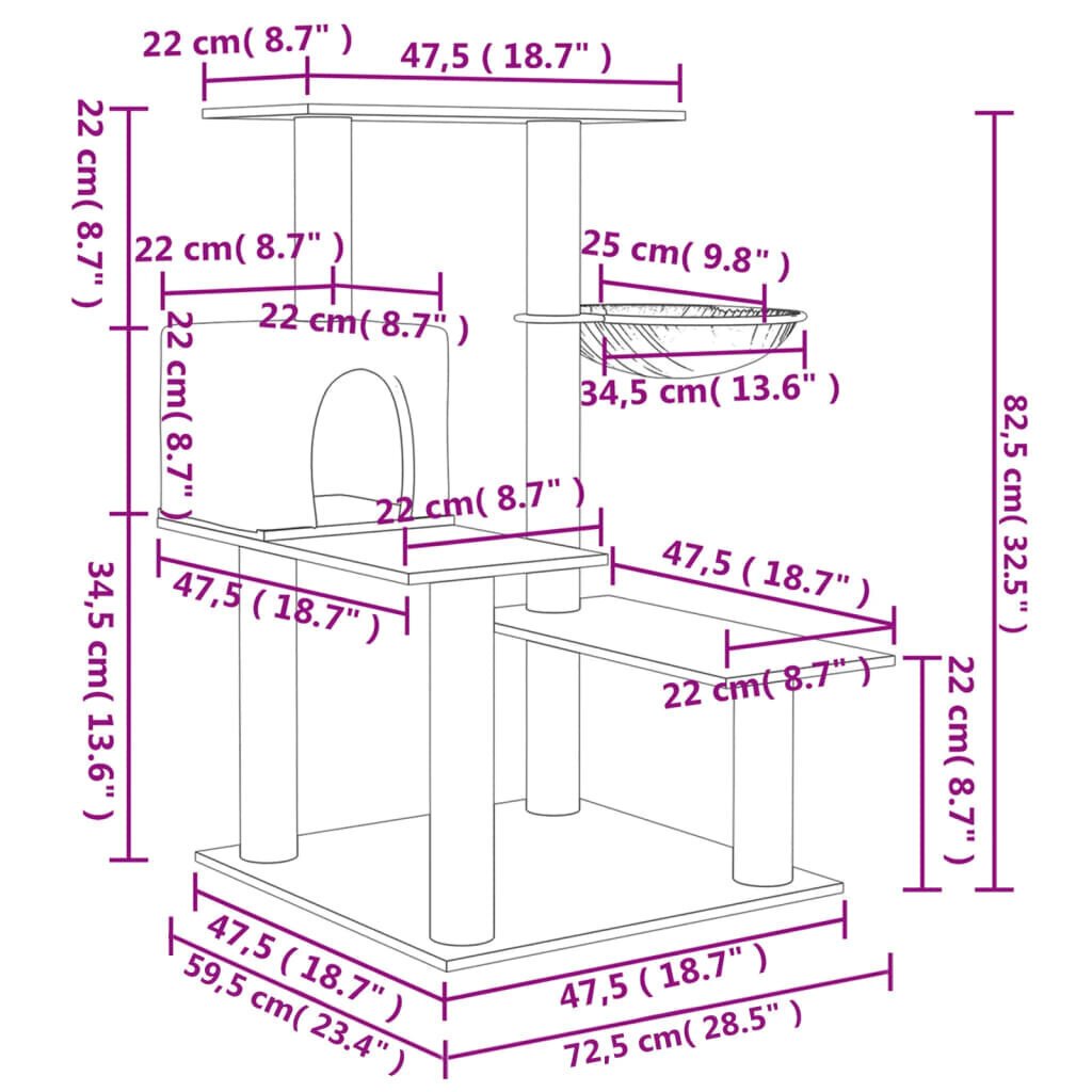 vidaXL kraapimispuu sisalköitega kraapimispostidega, helehall, 82,5 cm цена и информация | Kassi kraapimispuud | kaup24.ee