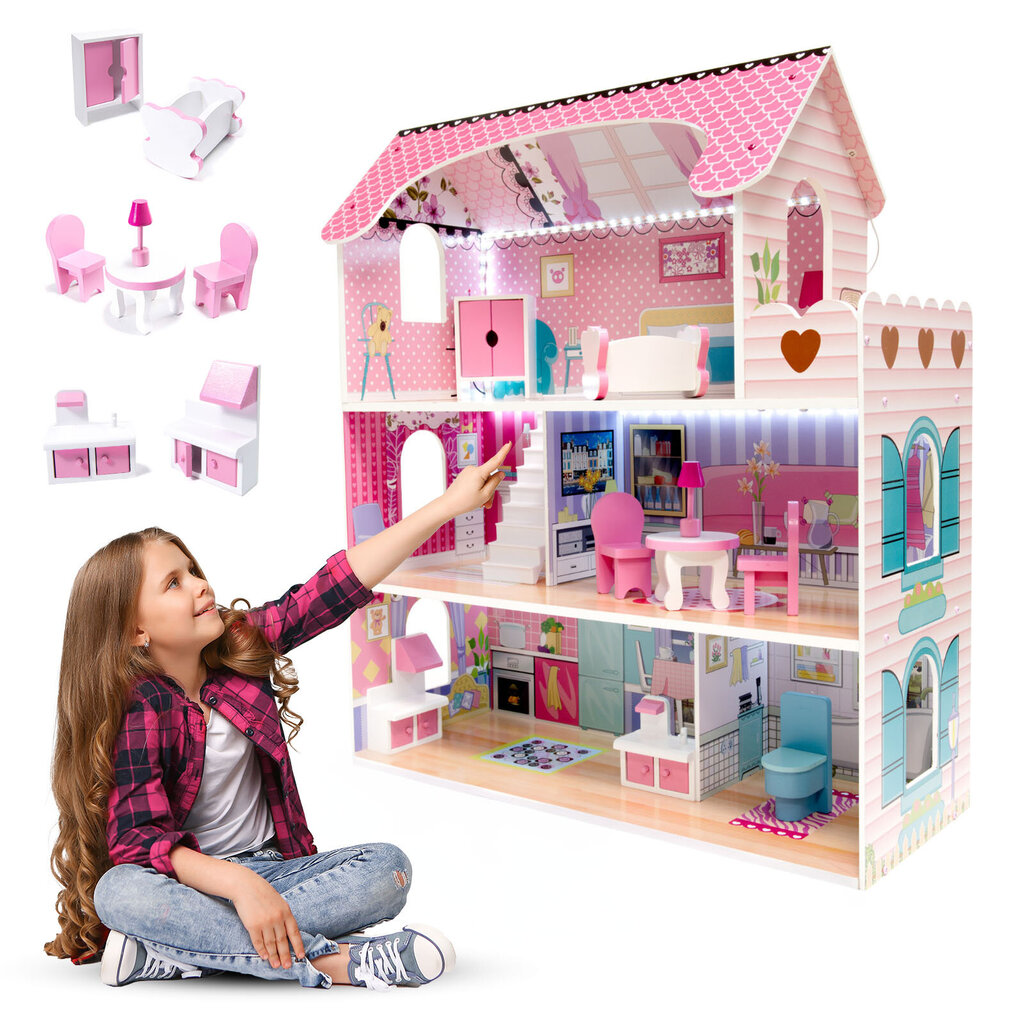 Puidust kolmekorruseline mööbli ja terrassiga nukumaja hind ja info | Tüdrukute mänguasjad | kaup24.ee