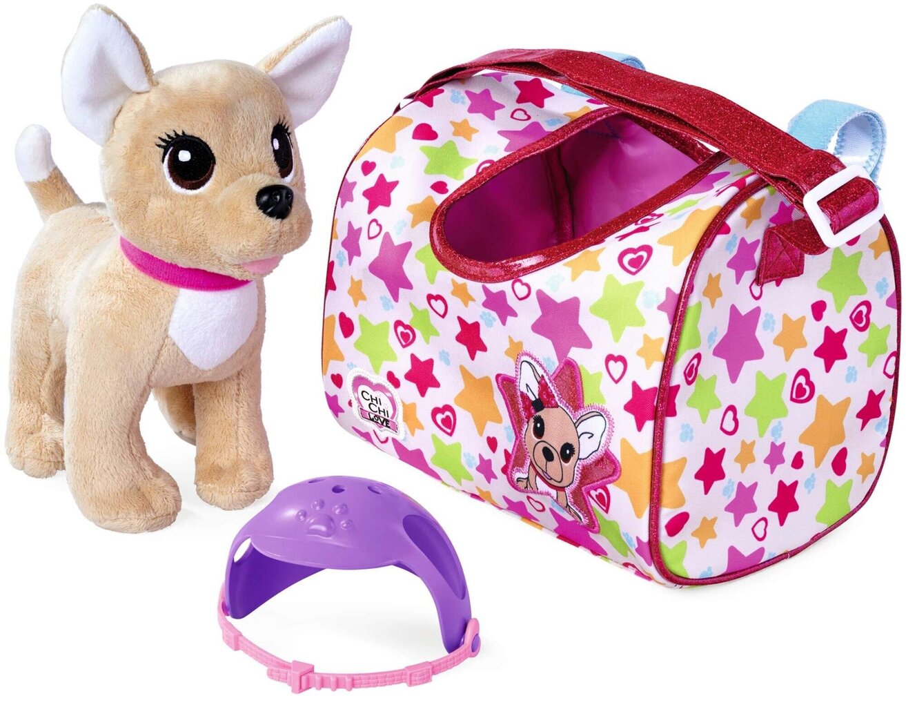 Koer Chi Chi Love maskott Chihuahua koos kiivriga värvilises reisikotis цена и информация | Tüdrukute mänguasjad | kaup24.ee