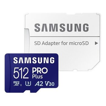 Mälukaart ja adapter Samsung Pro Plus, 2023, microSDXC, 512 GB, sinine hind ja info | Fotoaparaatide mälukaardid | kaup24.ee