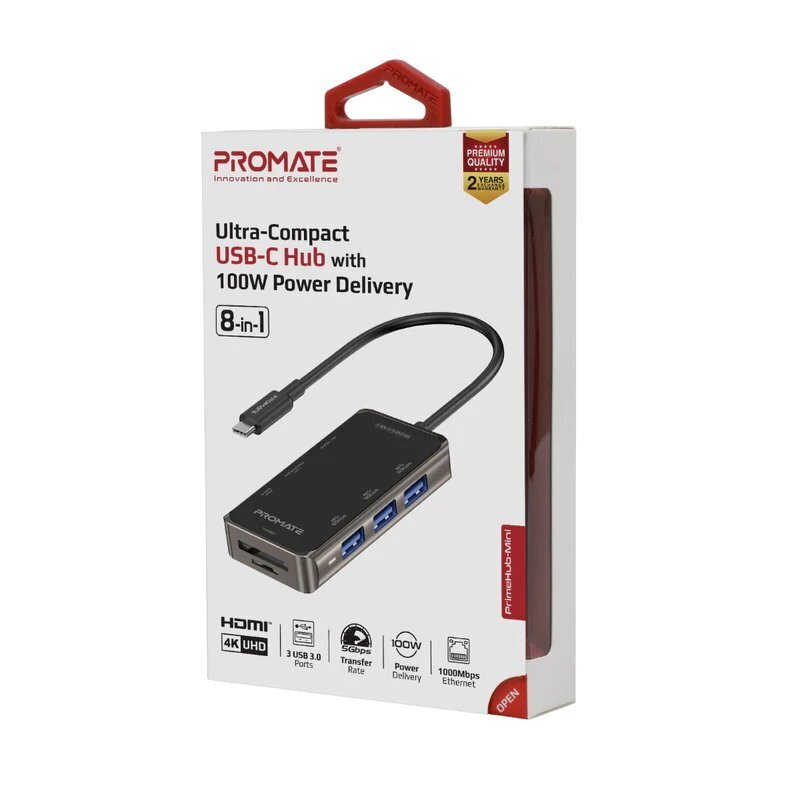 Promate PrimeHub-Mini 8in1 USB-C jaotur HDMI, LAN, SD, 3x USB3.0 hind ja info | USB jagajad, adapterid | kaup24.ee