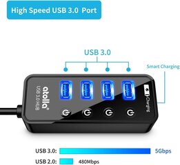USB -концентратор Atolla USB с источником питания, USB 3.0 Hub Active с 4 -скоростным концентратором данных с 4 портами с переключателем и 1 интеллектуальным портом зарядки и адаптером питания 15 Вт (5V/3A) цена и информация | Адаптеры и USB-hub | kaup24.ee