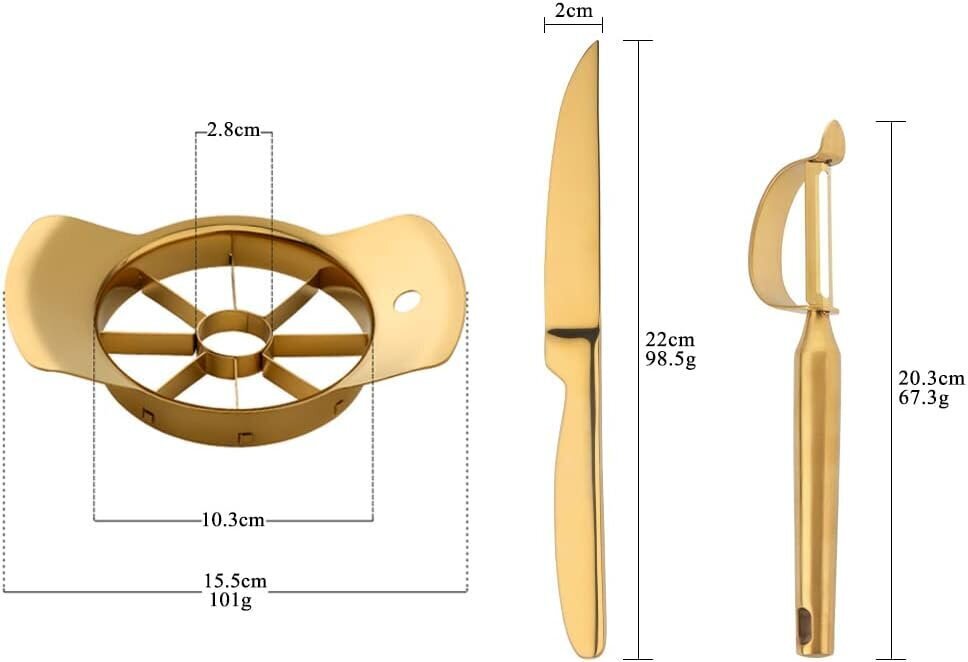 Puuvilja puhastuskomplekt roostevabast terasest 3tk komp, kuldne цена и информация | Köögitarbed | kaup24.ee