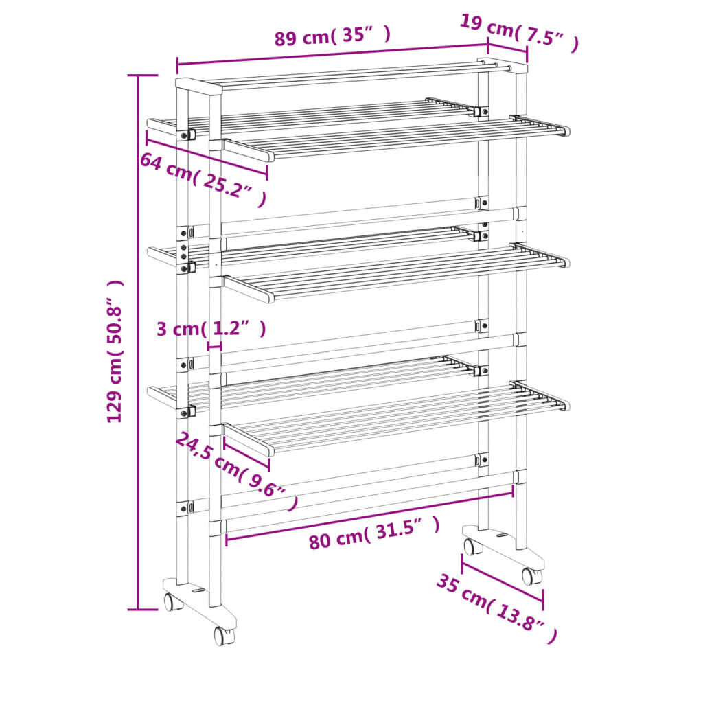 vidaXL ratastega pesukuivatusrest, 89 x 64 x 129 cm, alumiinium hind ja info | Pesukuivatusrestid ja aksessuaarid | kaup24.ee