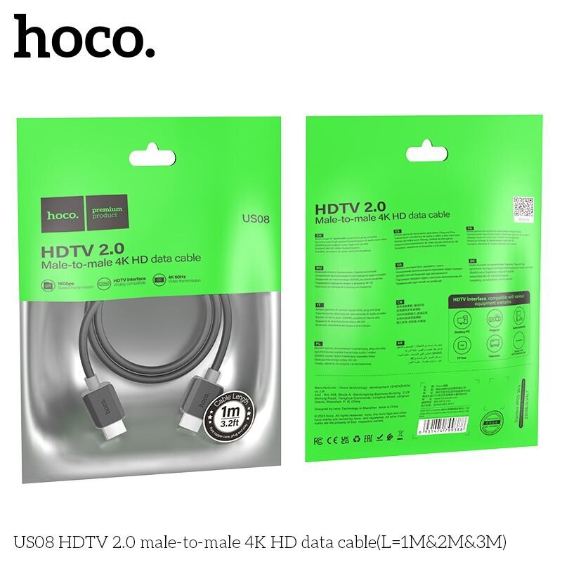 Hoco US08 HDMI2.0 4K HD 1M hind ja info | Kaablid ja juhtmed | kaup24.ee