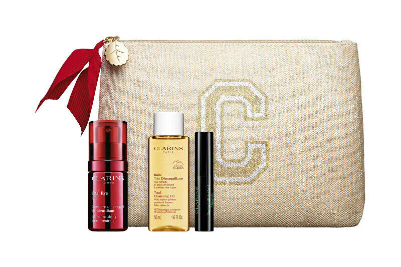 Näohooldustoodete kinkekomplekt Clarins Total Eye Lift Gift Set naistele: silmaümbruskreem Total Eye Lift, 15 ml + meigieemaldusõli Total Clean sing Oil, 50 ml + ripsmetušš Supra Lift & Curl, 3 ml + kosmeetikakott hind ja info | Näokreemid | kaup24.ee