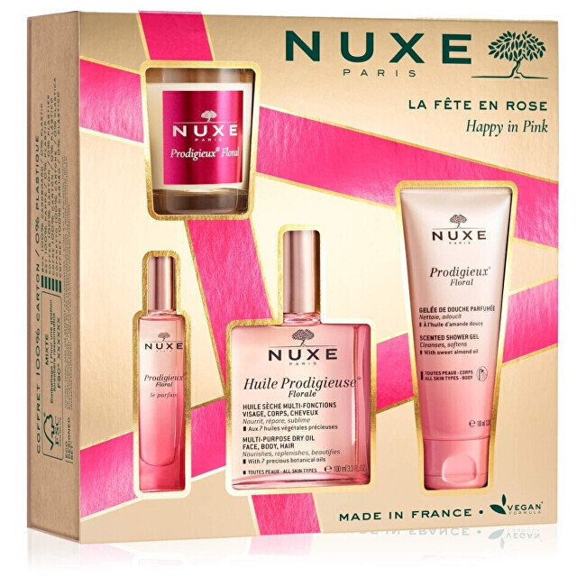 Nuxe Happy In Pink kinkekomplekt naistele: eau de parfum EDP, 15 ml + dušigeel, 100 ml + kehaõli, 100 ml + lõhnaküünal, 70 g цена и информация | Naiste parfüümid | kaup24.ee