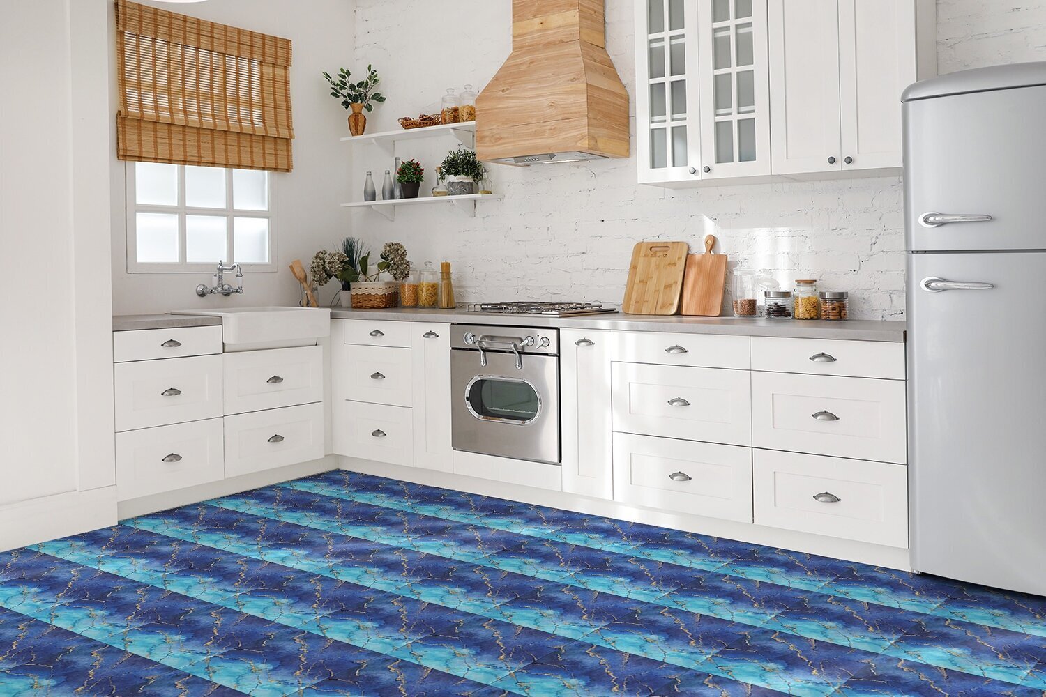 Kleepuvad dekoratiivplaadid Decormat 30x30cm, 9 tk, sinine marmor hind ja info | Põrandaplaadid | kaup24.ee