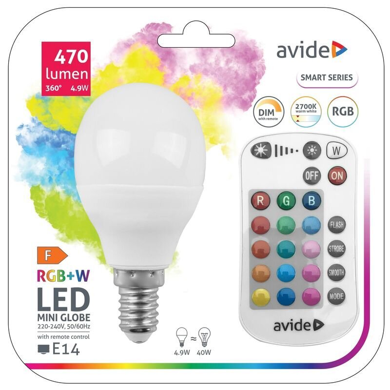 LED lamp AVIDE Smart RGB+W 4,9W G45 E14 470lm puldiga hind ja info | Lambipirnid, lambid | kaup24.ee