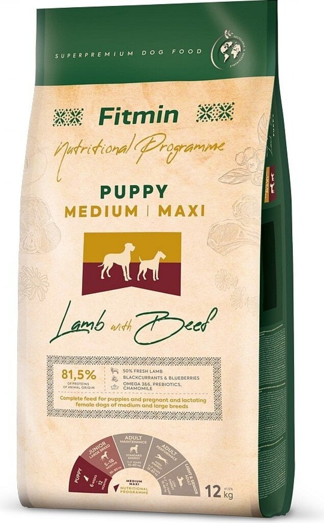 Fitmin Dog Nutritional Programme Medium Maxi Puppy keskmist tõugu kutsikatele koos lamba- ja veiselihaga 12 kg цена и информация | Kuivtoit koertele | kaup24.ee