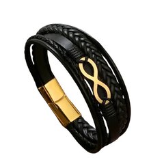Высококачественный кожаный браслет с символом бесконечности, черный и золотой цена и информация | Женские браслеты | kaup24.ee