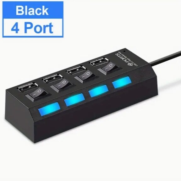 4-pordiline LED USB 2.0 adapteri jaoturi lüliti, must hind ja info | USB jagajad, adapterid | kaup24.ee