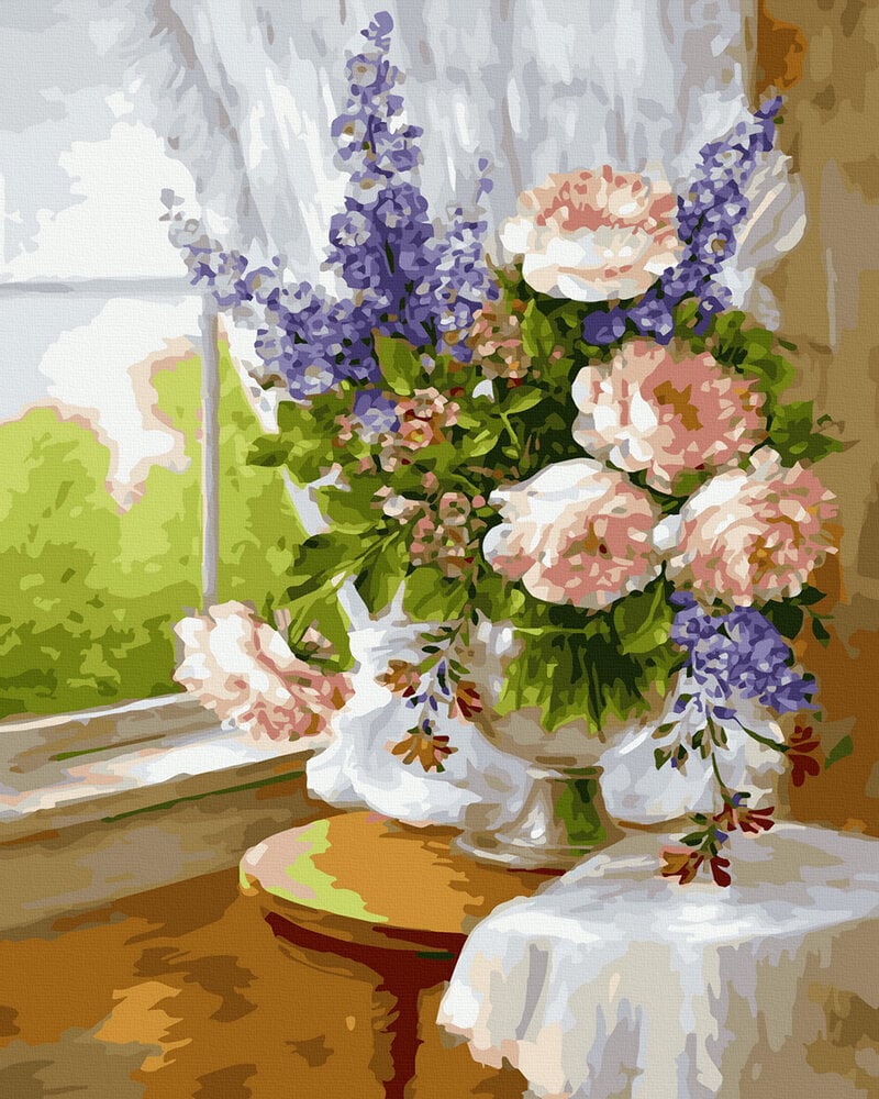 Maalimine numbrite järgi Lilled akna ääres, 40x50 cm цена и информация | Maalid numbri järgi | kaup24.ee