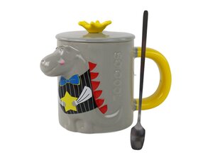 Детская керамическая чашка с ложкой и крышкой, динозавр, серая цена и информация | Стаканы, фужеры, кувшины | kaup24.ee