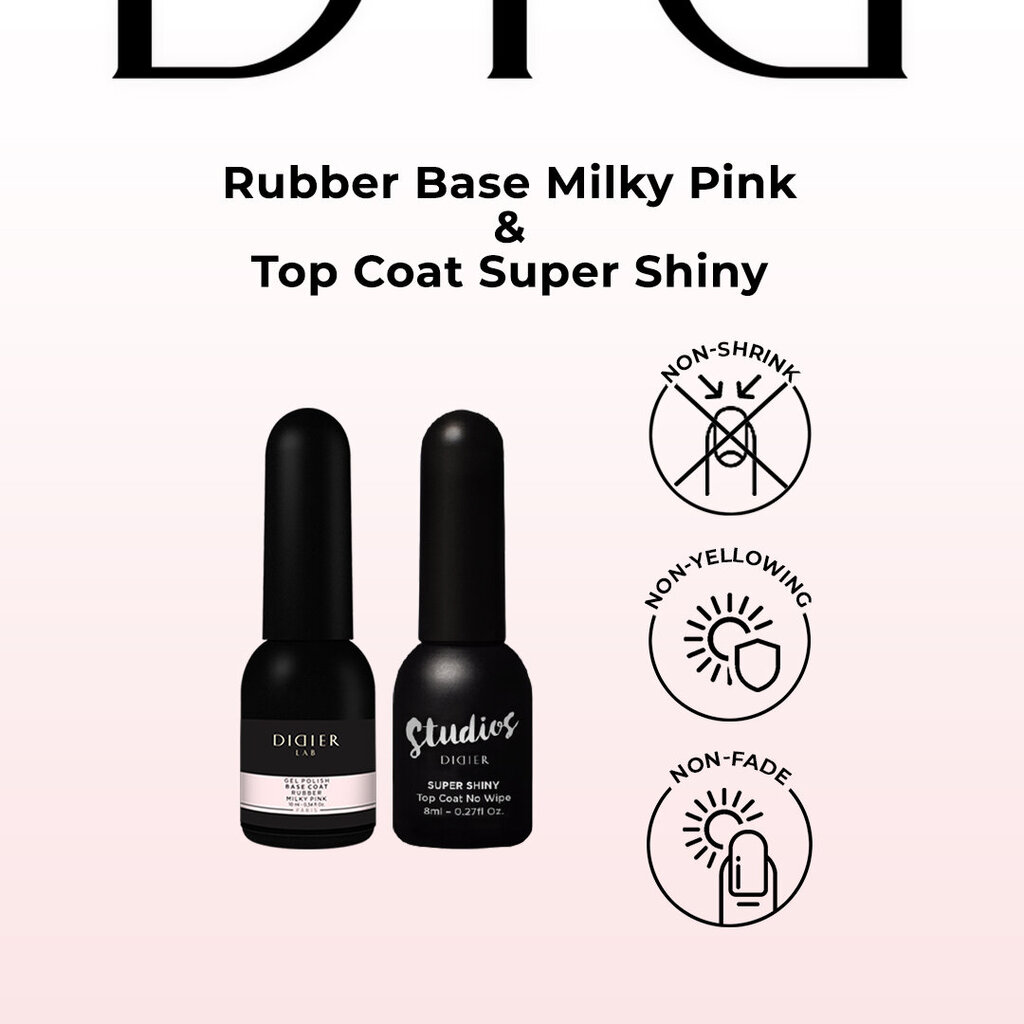 Alus - ja pealislaki komplekt Didier Lab Rubber Base, Milky Pink + Top Super Shiny, 2 tk hind ja info | Küünelakid, küünetugevdajad | kaup24.ee