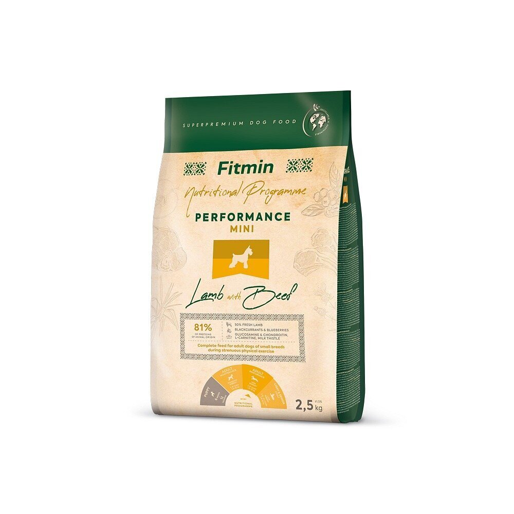 Fitmin Dog Nutritional Programme Mini Performance väikest tõugu täiskasvanud koertele lamba- ja veiselihaga, 2,5 kg hind ja info | Kuivtoit koertele | kaup24.ee