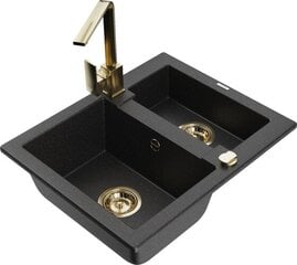 Granitinė virtuvinė plautuvė Mexen Carlos su maišytuvu ir sifonu, Metallic black/silver+Gold цена и информация | Раковины на кухню | kaup24.ee