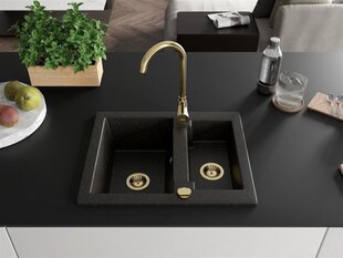 Granitinė virtuvinė plautuvė Mexen Carlos su maišytuvu ir sifonu, Metallic black/gold+Gold цена и информация | Раковины на кухню | kaup24.ee