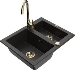 Granitinė virtuvinė plautuvė Mexen Carlos su maišytuvu ir sifonu, Metallic black/gold+Gold цена и информация | Раковины на кухню | kaup24.ee