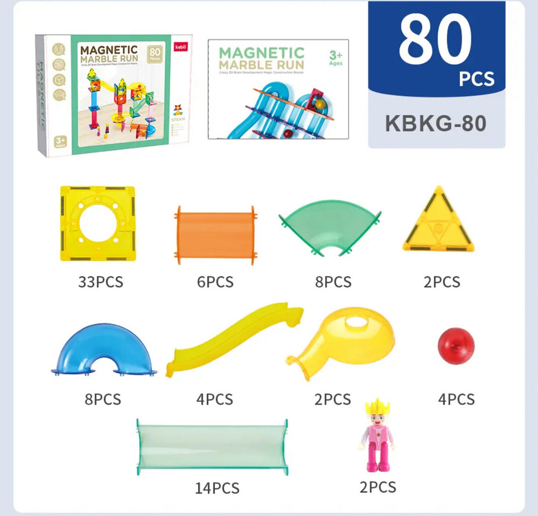 KEBO magnetklotsid-pallirada, 80-osaline hind ja info | Klotsid ja konstruktorid | kaup24.ee