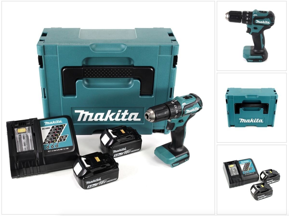 Akulööktrell Makita DHP 483 RTJ 18V 40Nm Makpac + 2x 5,0 Ah aku + laadija цена и информация | Akutrellid, kruvikeerajad | kaup24.ee