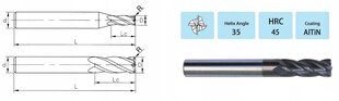 VHM 1P Down Cut 2 x 6 x 3,175 x 38 мм 45 HRC цена и информация | Фрезы | kaup24.ee