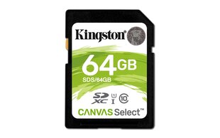 Kingston Canvas Select UHS-I 64 GB, SDXC цена и информация | Карты памяти | kaup24.ee