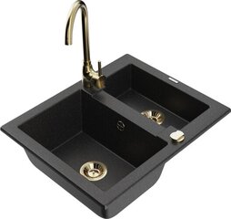 Granitinė virtuvinė plautuvė Mexen Carlos su maišytuvu ir sifonu, Metallic black/silver+Gold цена и информация | Раковины на кухню | kaup24.ee