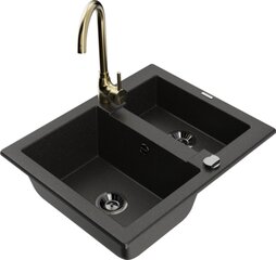 Granitinė virtuvinė plautuvė Mexen Carlos su maišytuvu ir sifonu, Metallic black/gold+Gold(B) цена и информация | Раковины на кухню | kaup24.ee