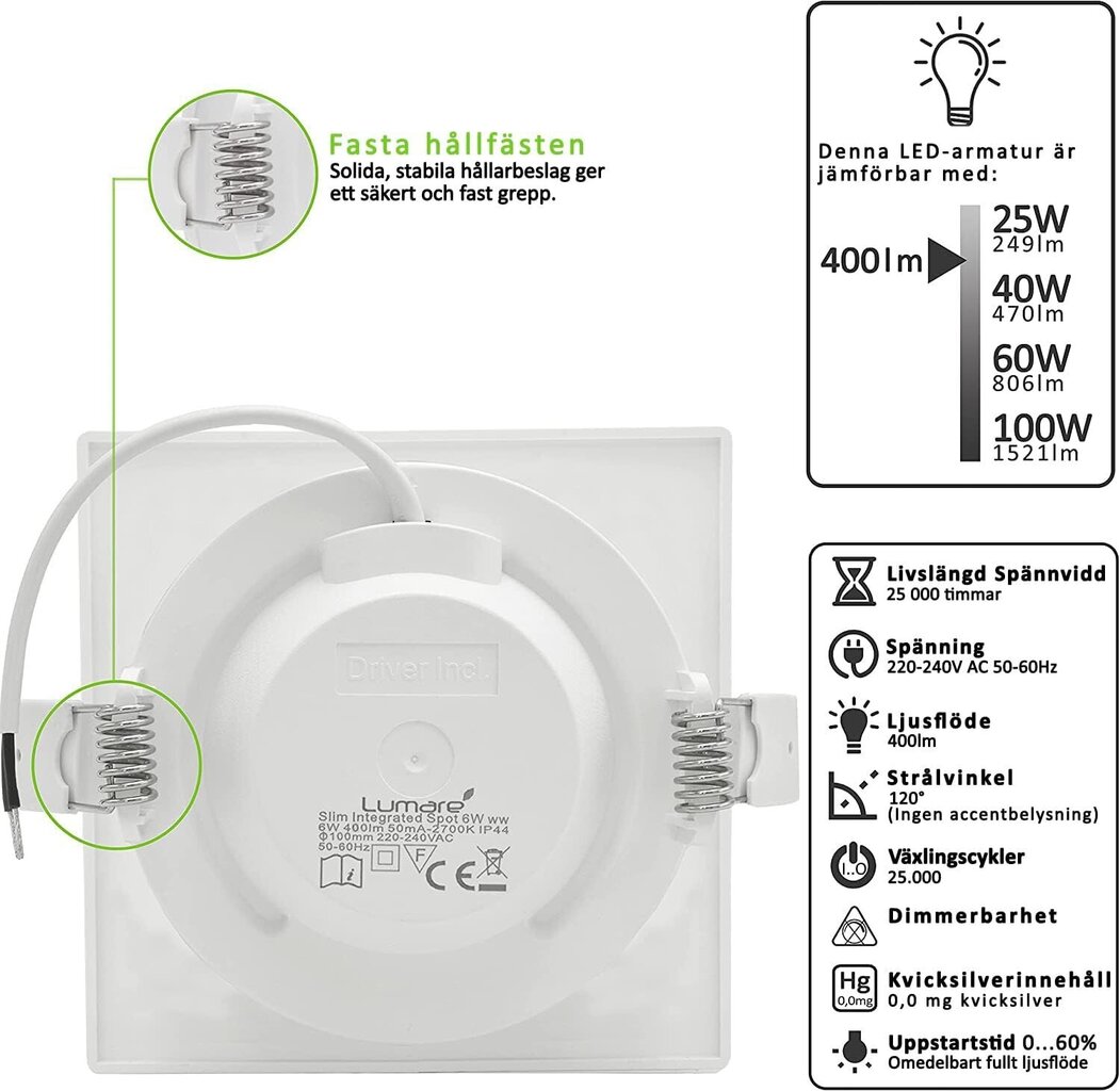 LED süvistatavad valgustid Lumare, 6tk, 6W, 230V, 400LM, valge цена и информация | Süvistatavad ja LED valgustid | kaup24.ee