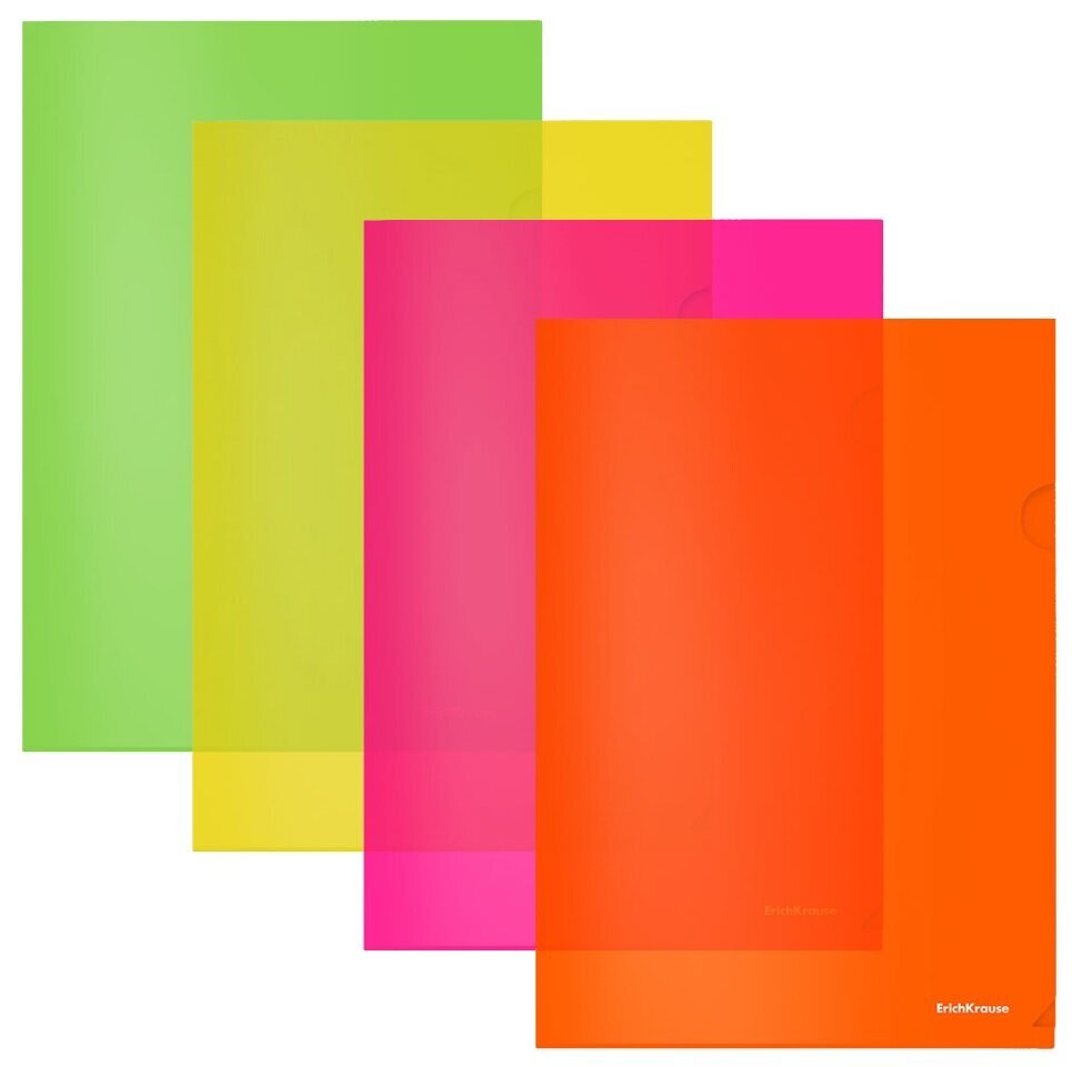 Plastikust L-kujulised kaustad Glossy Neon ErichKrause, A4, 180 mkr, 12 tk., läbipaistev, 4 sp. hind ja info | Kirjatarbed | kaup24.ee