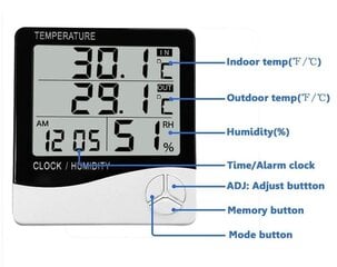 Digitaalne termomeeter - hügromeeter, äratuskell цена и информация | Метеорологические станции, термометры | kaup24.ee