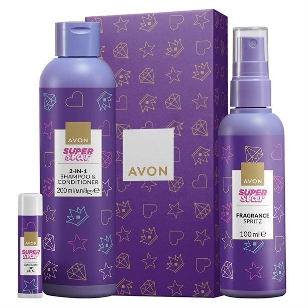 Avon Super Star kinkekomplekt tüdrukutele: Kehasprei 100 ml, Šampoon ja palsam 200 ml, Huulepalsam 4 g hind ja info | Laste ja ema kosmeetika | kaup24.ee