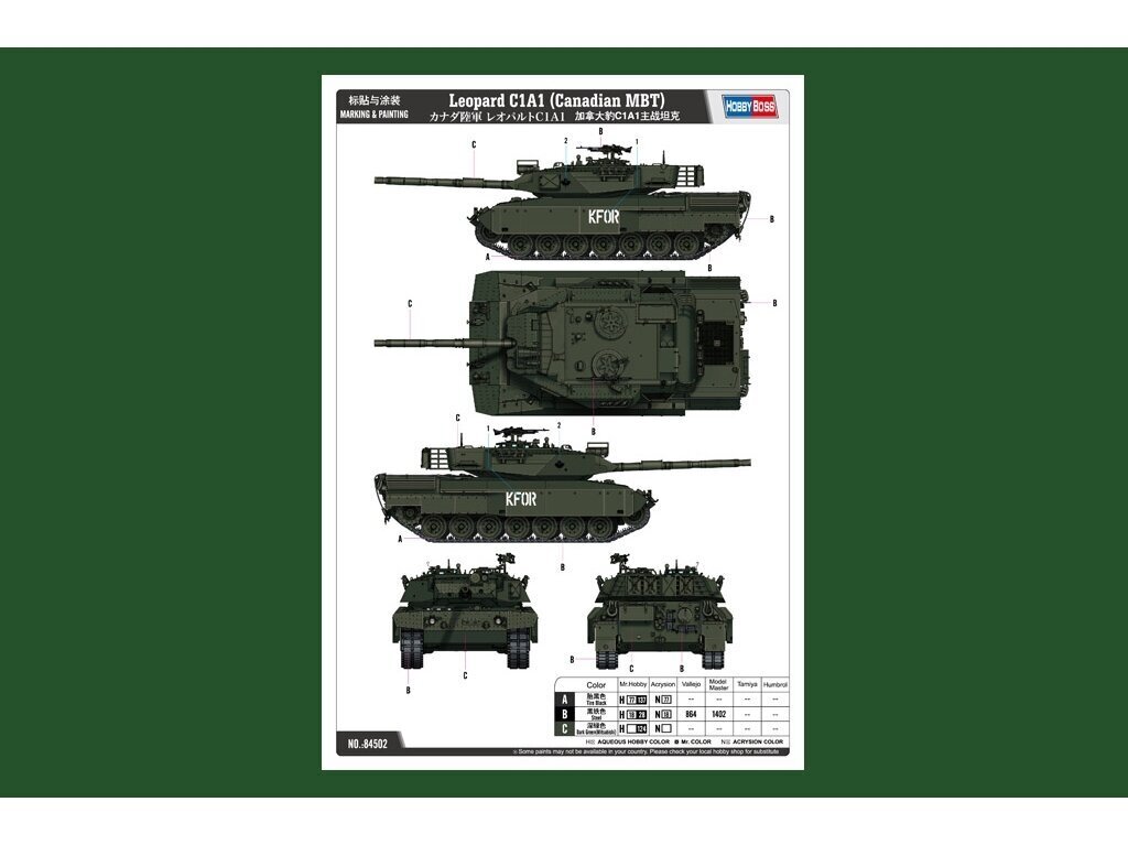 Konstruktor Hobbyboss - Leopard C1A1 (Canadian MBT), 1/35, 84502 hind ja info | Klotsid ja konstruktorid | kaup24.ee