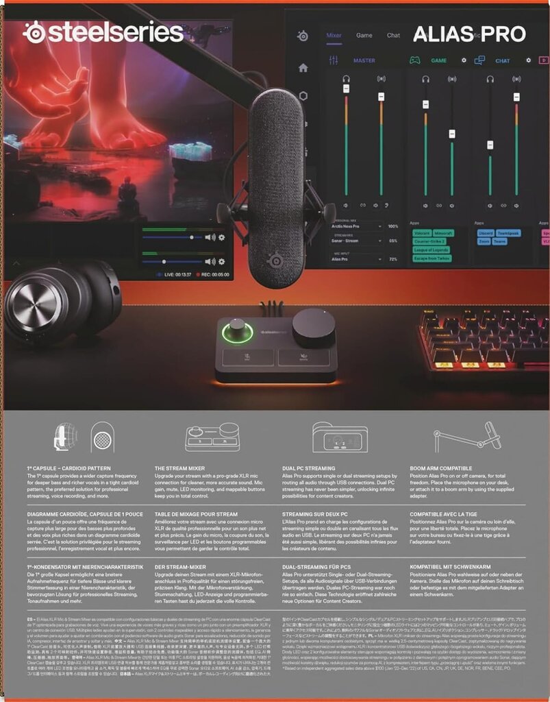 SteelSeries Alias Pro juhtmega kondensaatormikrofon (must) |USB/XLR цена и информация | Mikrofonid | kaup24.ee