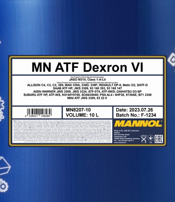Mannol 8207 ATF Dexron VI automaatkäigukasti õli 10 l цена и информация | Eriotstarbelised määrdeõlid ja -vedelikud | kaup24.ee