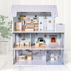 Деревянный кукольный домик с 11 предметами мебели, синий цена и информация | Игрушки для девочек | kaup24.ee