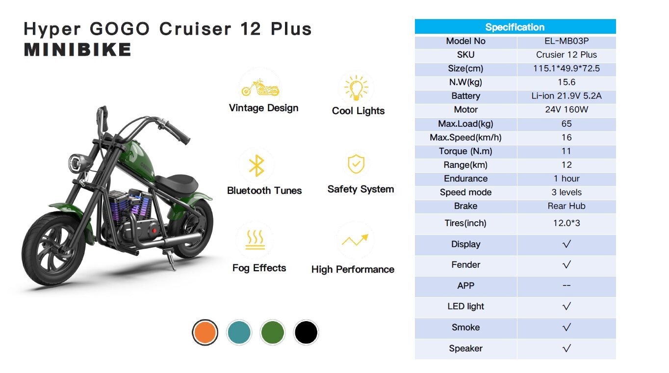 Laste ühekohaline elektrimootorratas Hyper Gogo Cruiser 12 plus, roheline hind ja info | Laste elektriautod | kaup24.ee