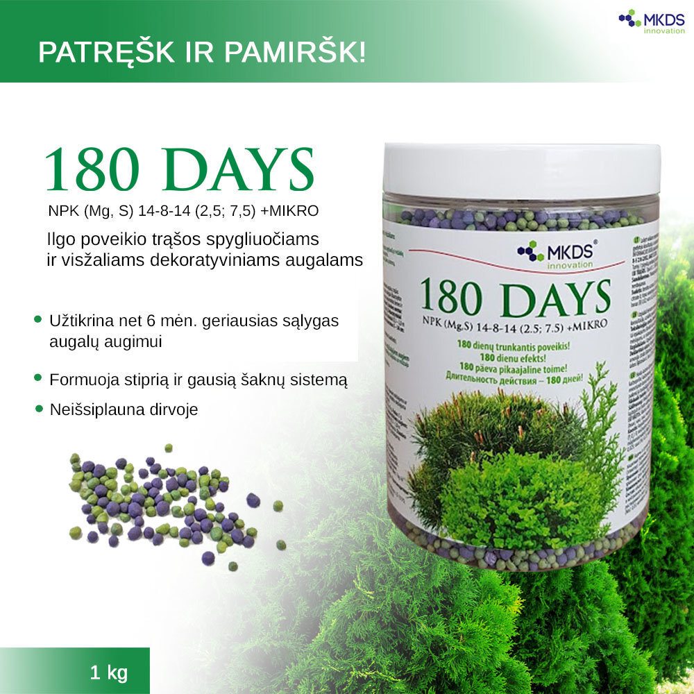 180 DAYS pikatoimeline väetis okaspuudele ja igihaljastele taimedele, 1 kg цена и информация | Kuivväetised | kaup24.ee